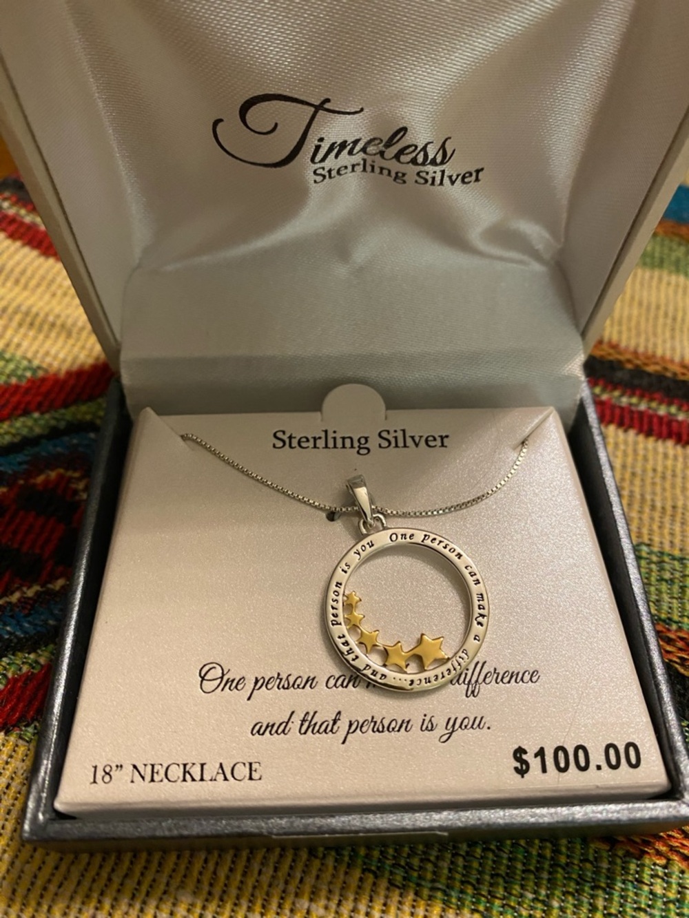 Timeless Sterling Silver Two-Tone Star Circle Necklace NWOT